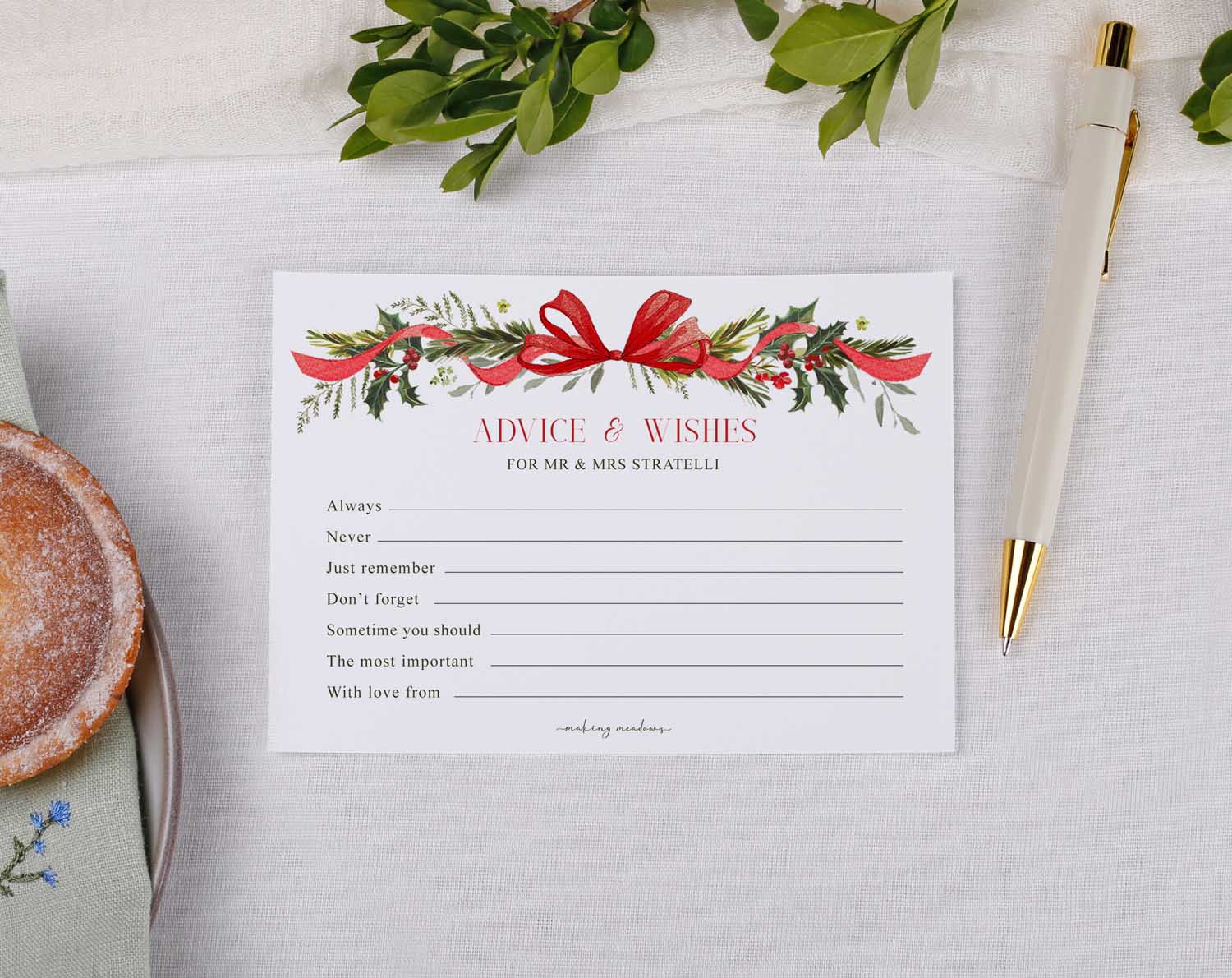 Winter Wedding Advice Cards with floral design and red ribbon, perfect for guest messages and keepsakes.
