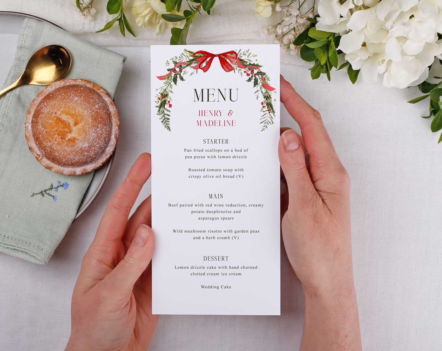 Winter Wedding Menus displayed as a beautifully designed card, featuring elegant festive details.