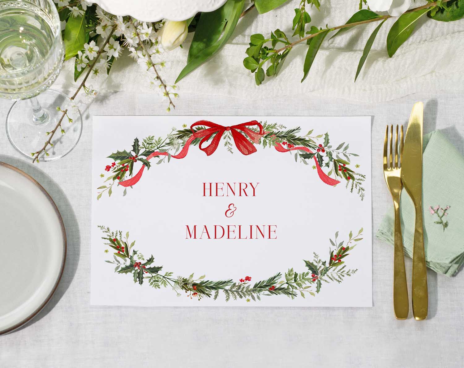 Winter Wedding Placemats featuring winter botanicals a festive table setting.