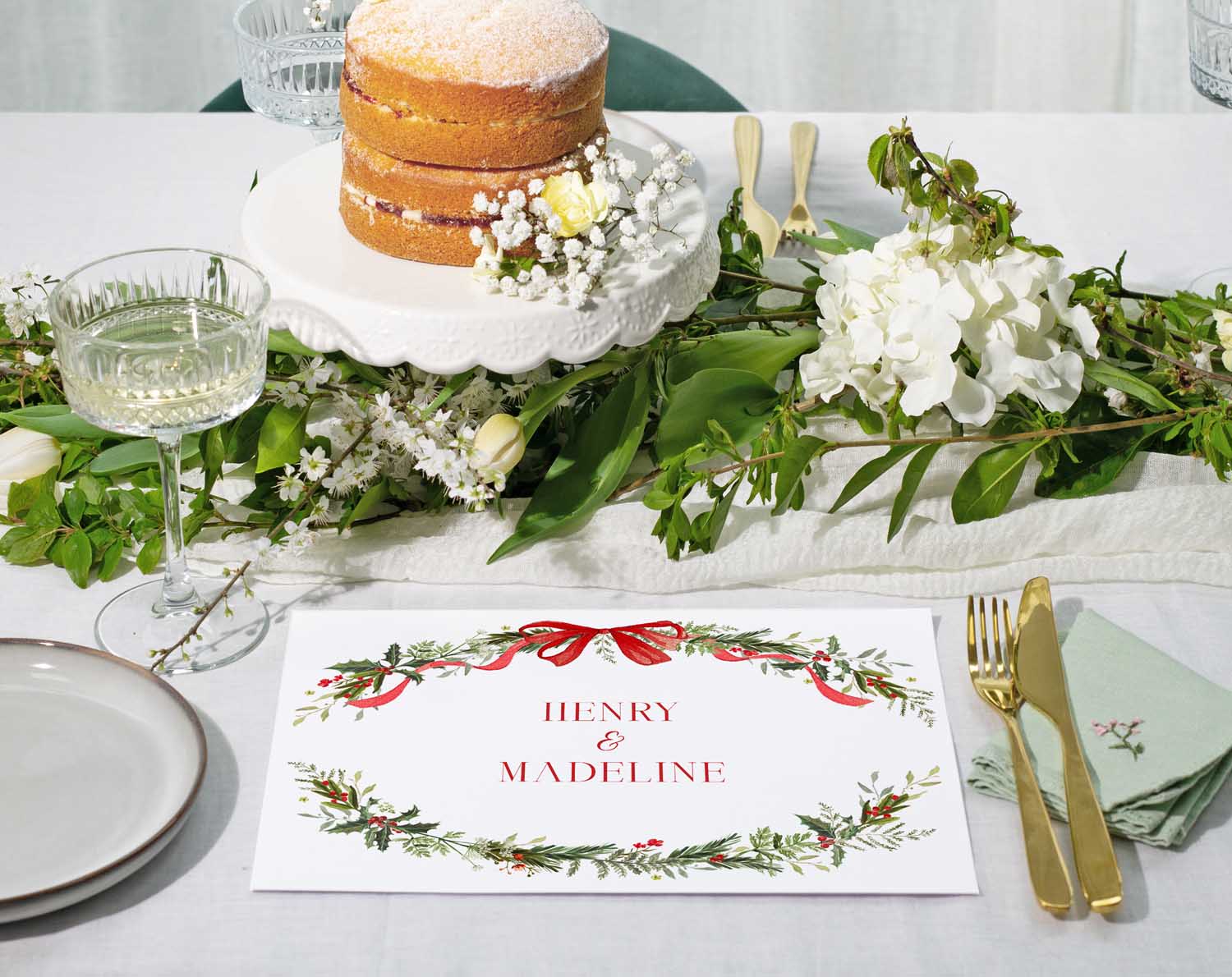 Winter Wedding Placemats styled beautifully on a wedding table with festive botanicals and elegant decor.