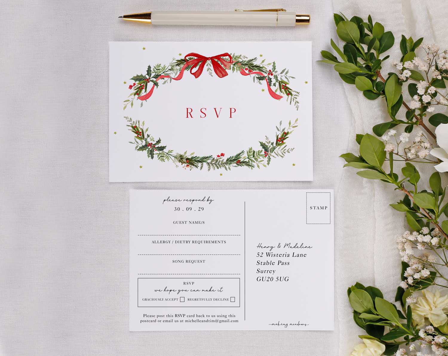 Winter Wedding RSVP Cards featuring festive floral design with red bow, perfect for wedding invitation suites.