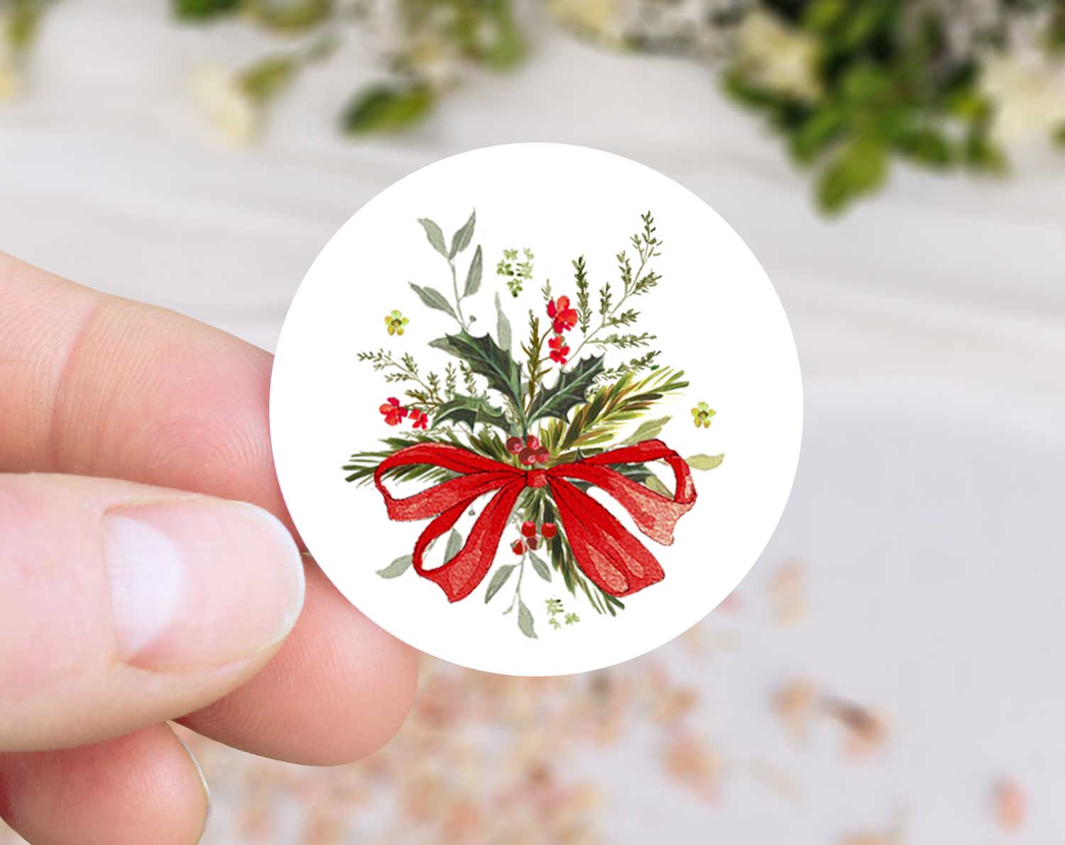 Winter Wedding Stickers featuring a festive floral design with a red ribbon, perfect for envelope seals.