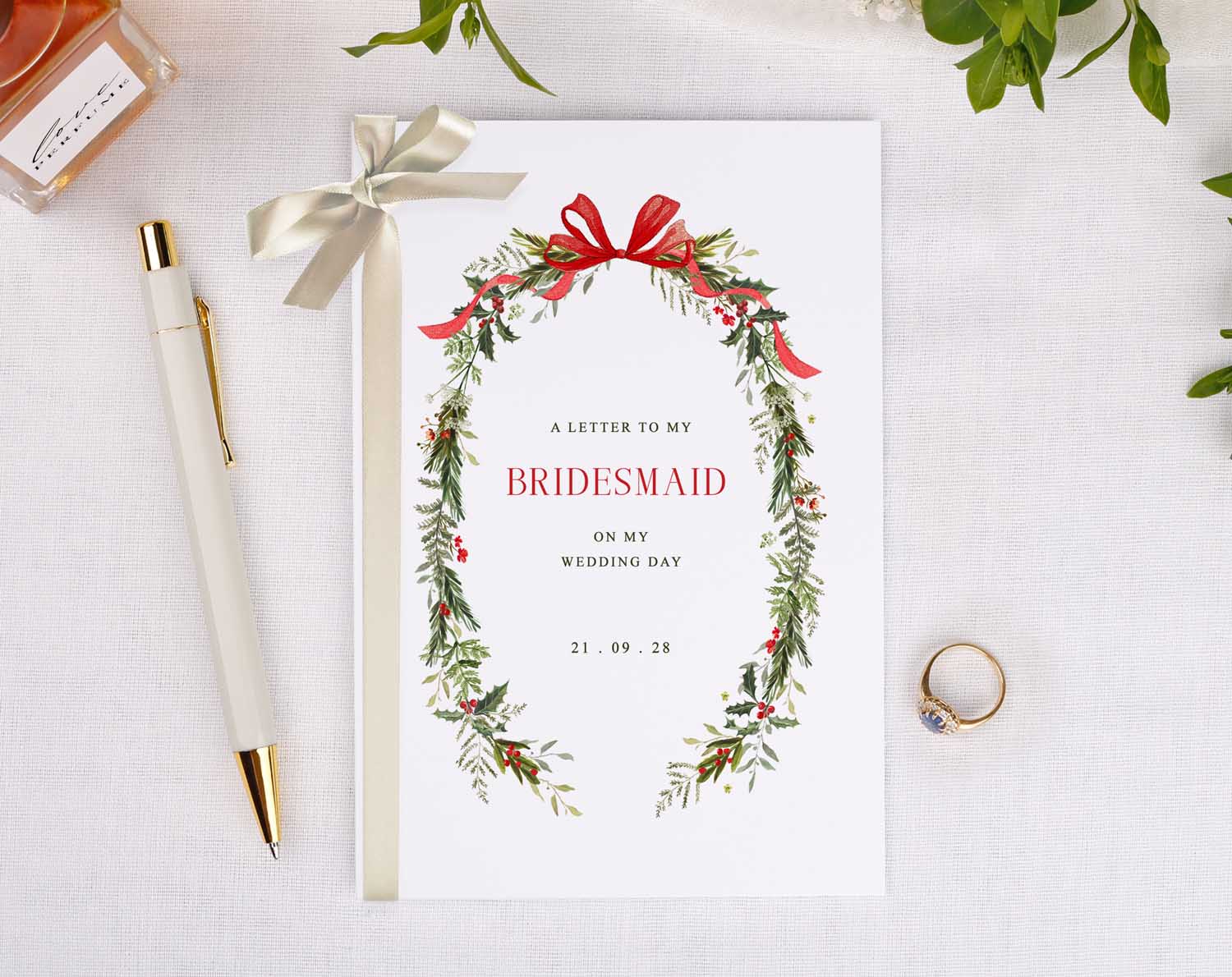 Winter Wedding Thank You Card for bridesmaid with floral design and personalized message.