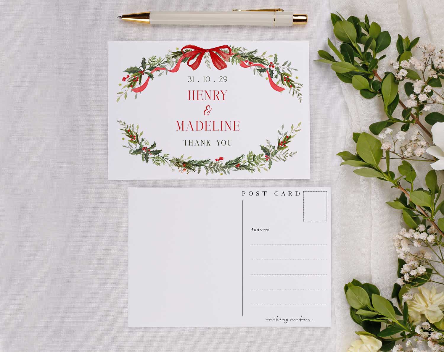 Winter Wedding Thank You Postcards featuring floral design and heartfelt message for newlyweds Henry and Madeline.