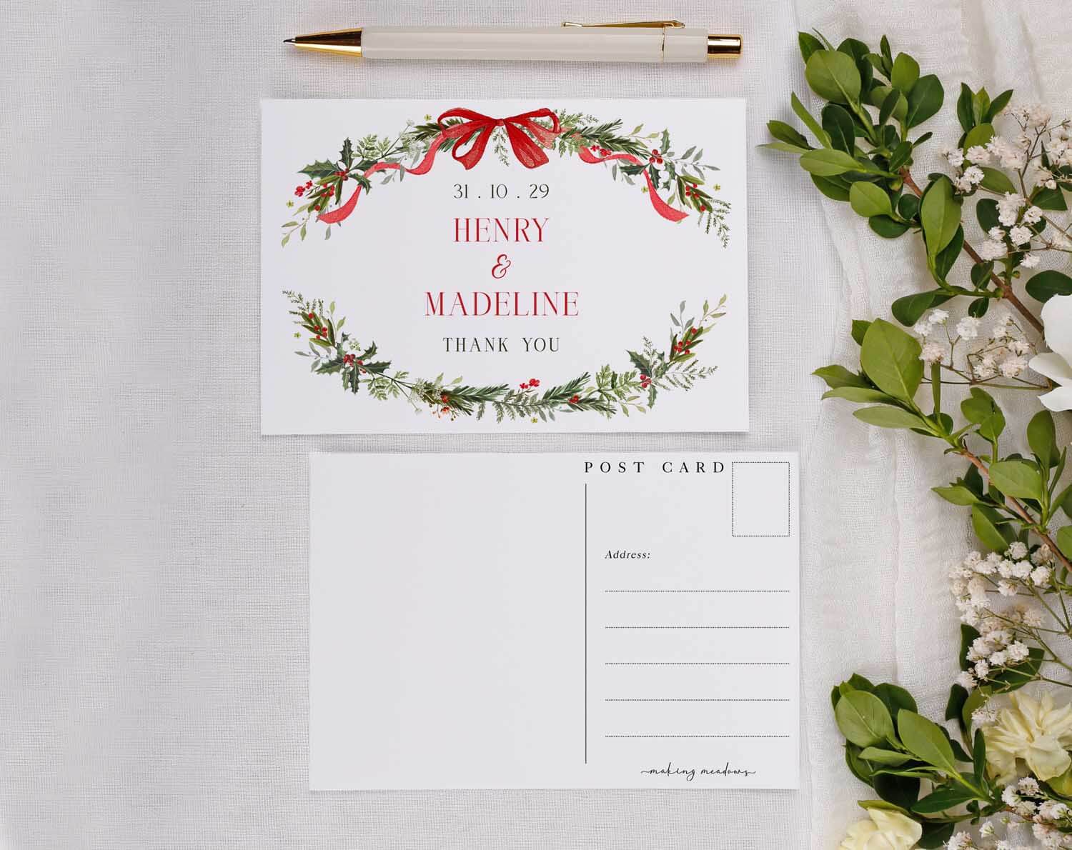 Winter Wedding Thank You Postcards featuring floral design and heartfelt message for newlyweds Henry and Madeline.