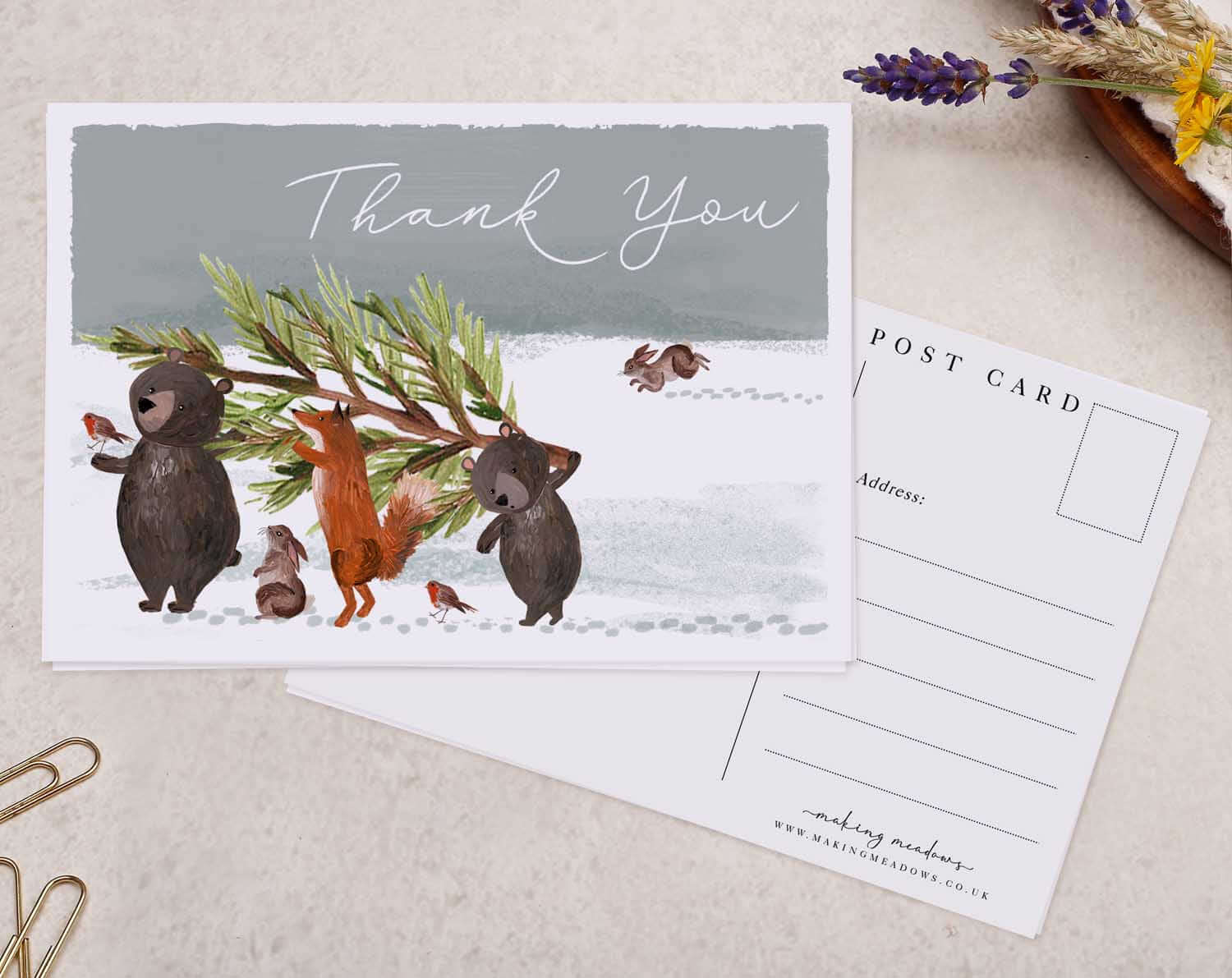 Woodland Animal Thank You Christmas Postcard. Post Cards designed by Making Meadows