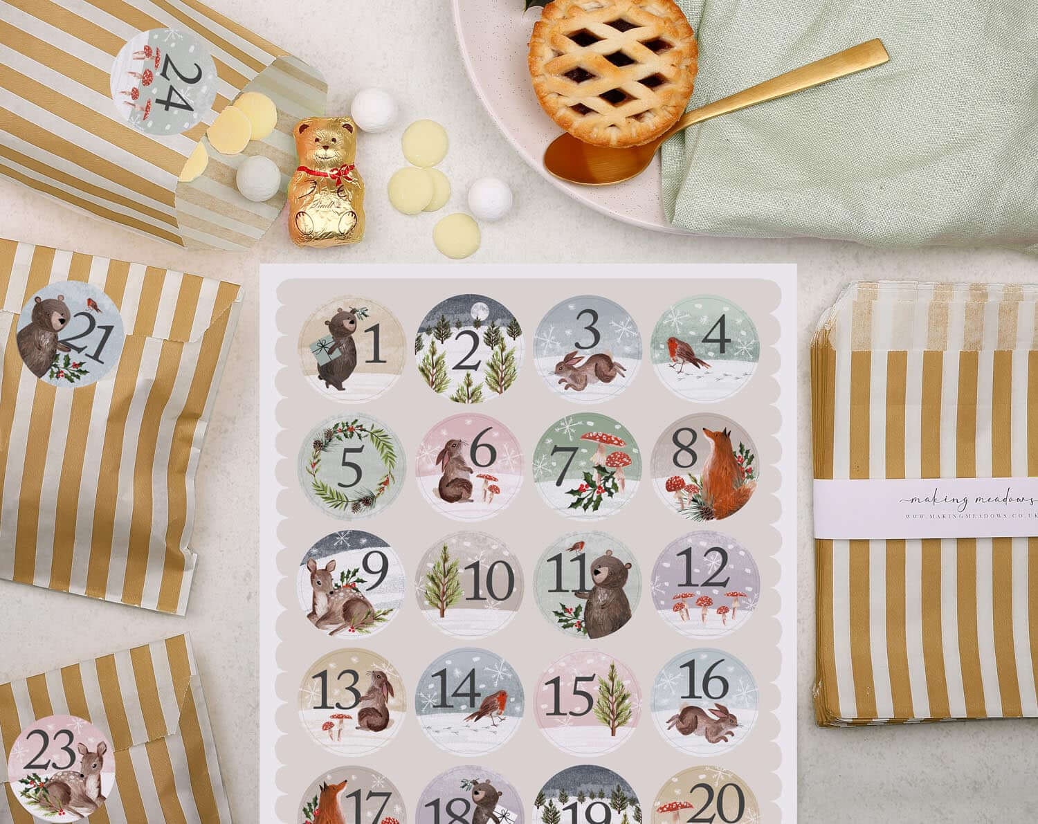 Woodland Animals Christmas Advent Calendar With Bronze Bags. Advent Calendars designed by Making Meadows