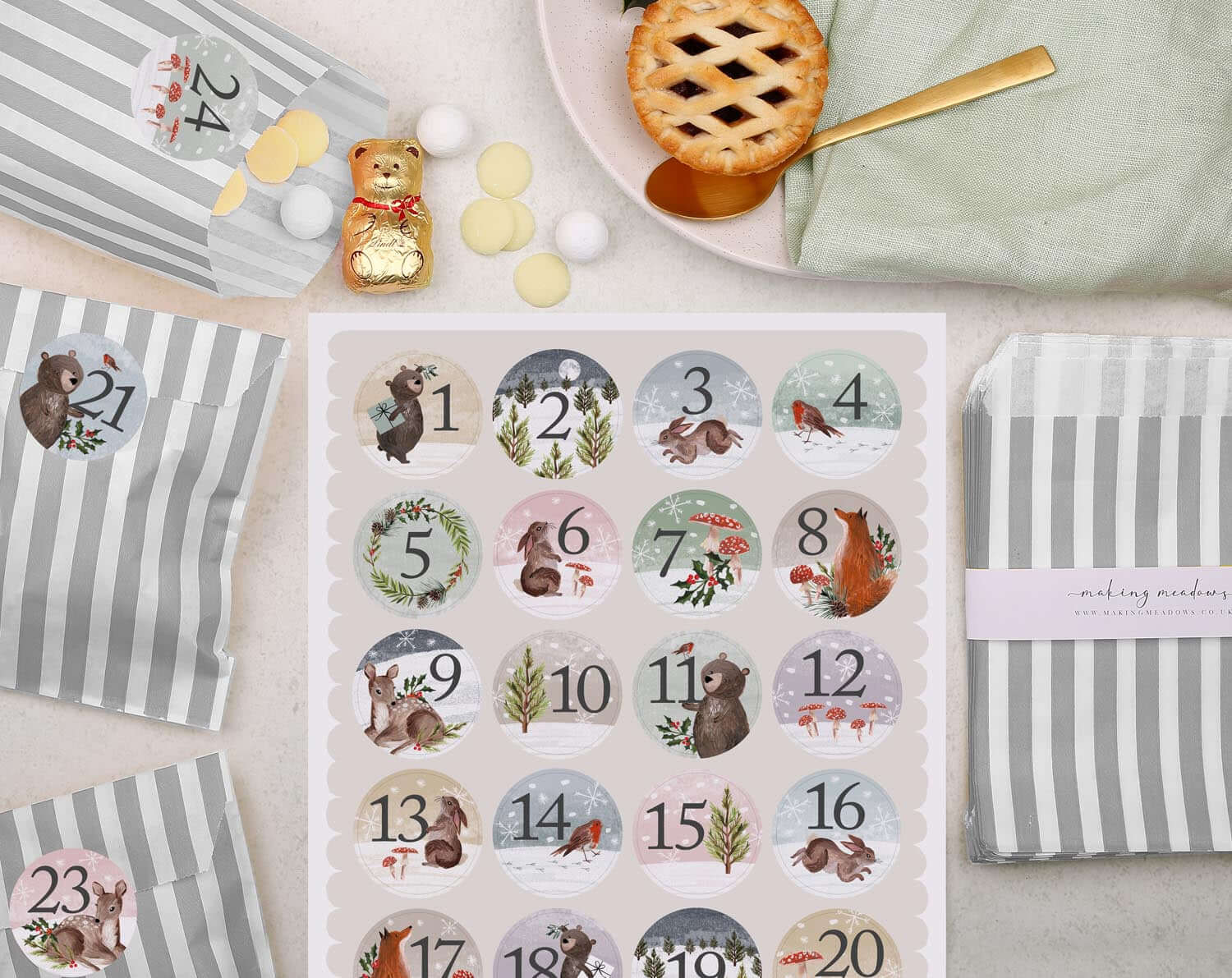 Woodland Animals Christmas Advent Calendar With Silver Bags. Advent Calendars designed by Making Meadows