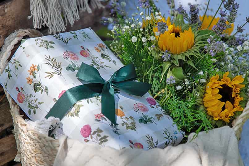 floral anniversary wrapping paper on a gift