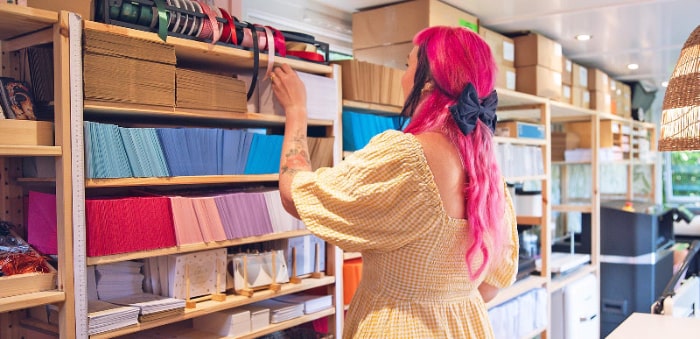 making meadows small business office, showing stationery on shelves, ready to send orders out