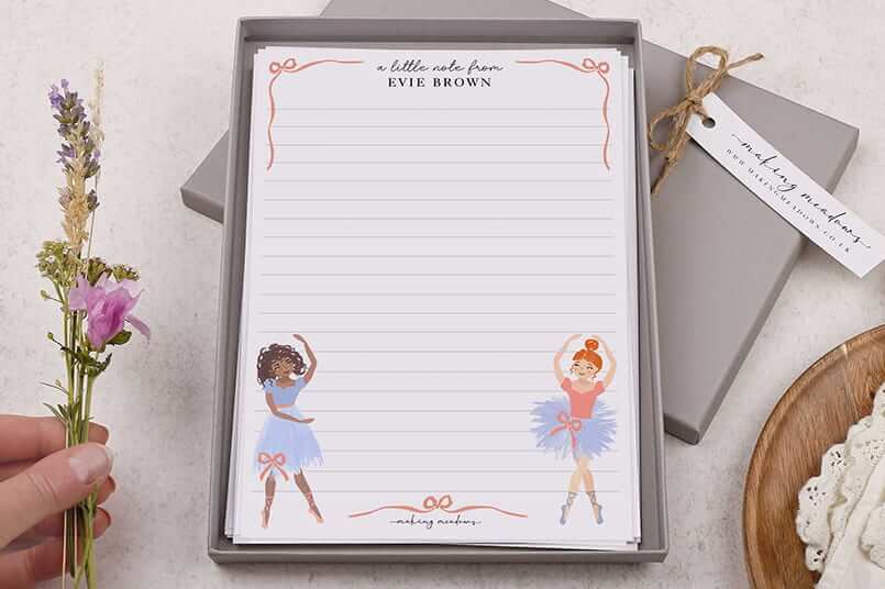 A5 writing paper with ballet dancers on in a grey gift box