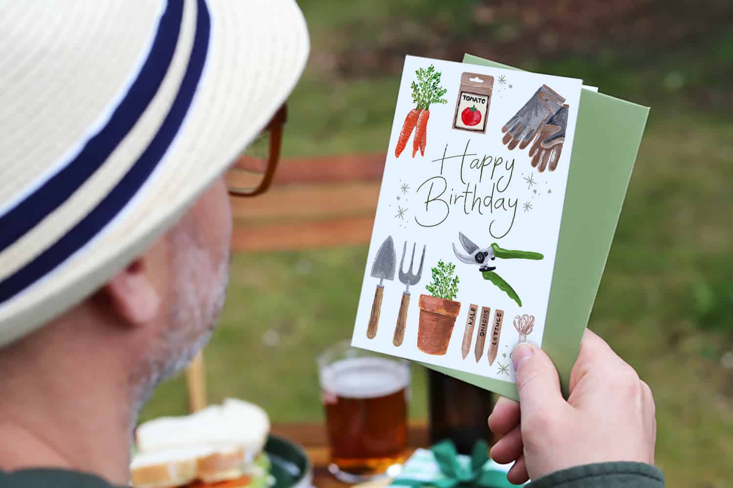 man holding a gardening birthday card, premium UK made small batch card
