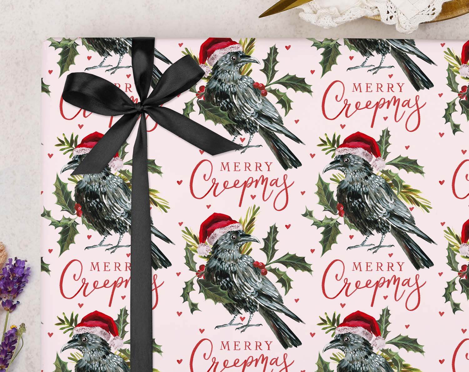 Gothic Raven Christmas Wrapping Paper Pink designed by Making Meadows