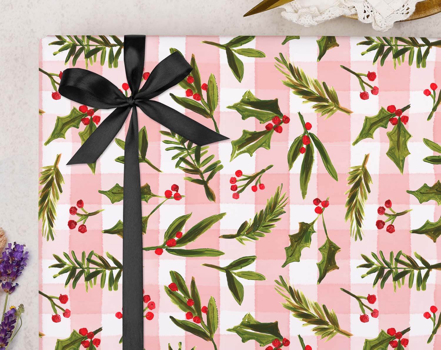 Mistletoe & Holly Christmas Wrapping Paper Pink designed by Making Meadows