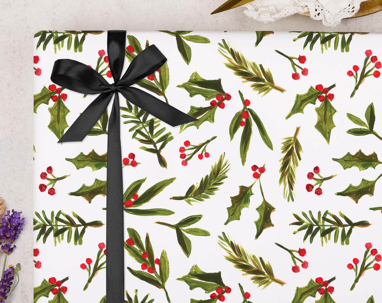 Mistletoe & Holly Christmas Wrapping Paper designed by Making Meadows