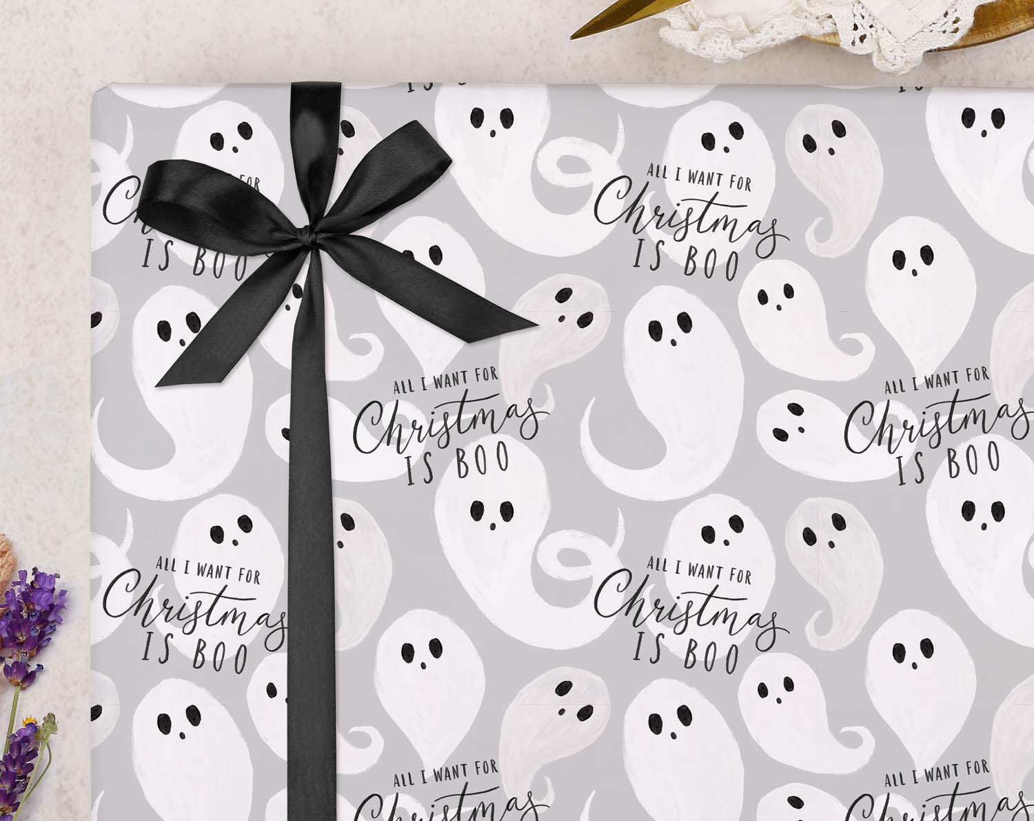 Grey Ghost Christmas Wrapping Paper designed by Making Meadows