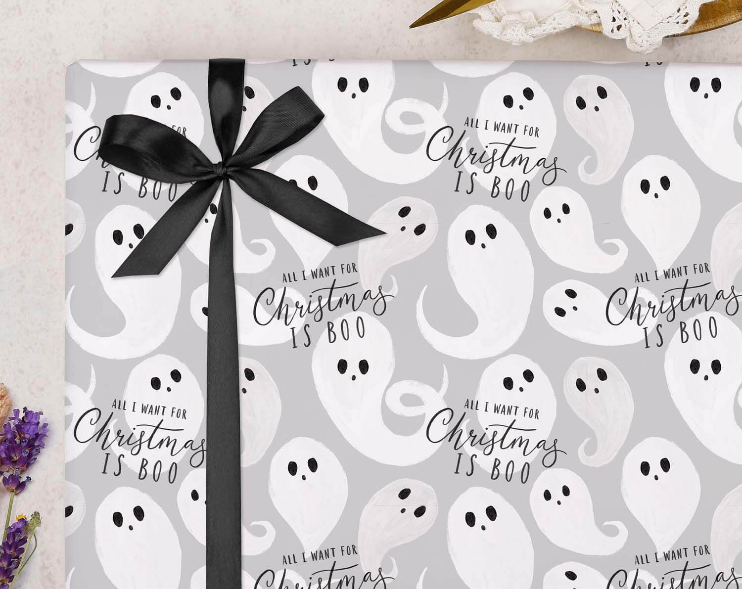 Grey Ghost Christmas Wrapping Paper designed by Making Meadows