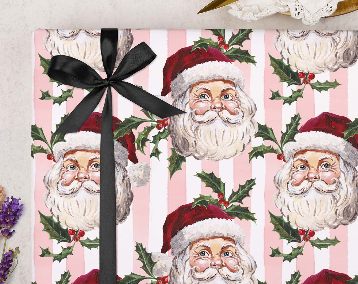 Vintage Santa & Mistletoe Christmas Wrapping Paper Pink designed by Making Meadows
