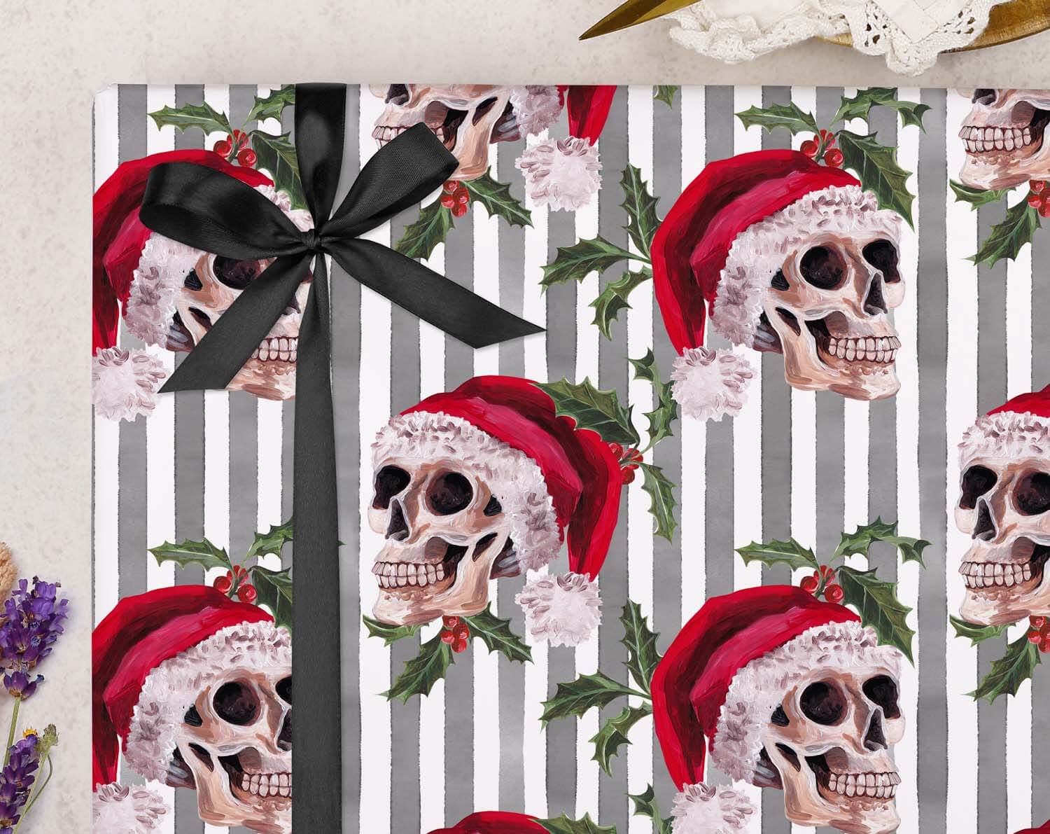 Gothic Skull Christmas Wrapping Paper Striped designed by Making Meadows