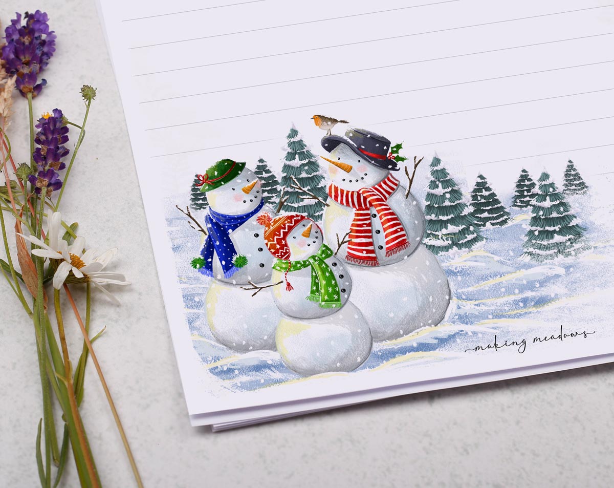 A4 writing paper with Christmas Snowmen. Stationery designed by Making Meadows