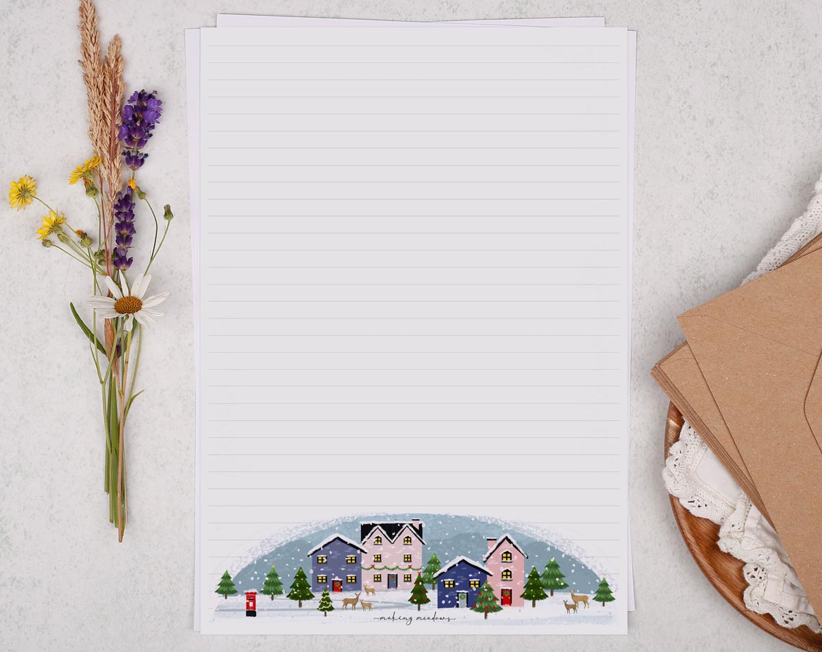 A4 writing paper with Christmas Village. Stationery designed by Making Meadows