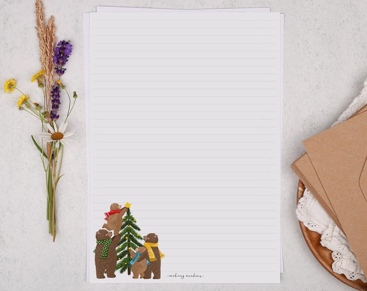 A4 writing paper with Christmas bears. Stationery designed by Making Meadows