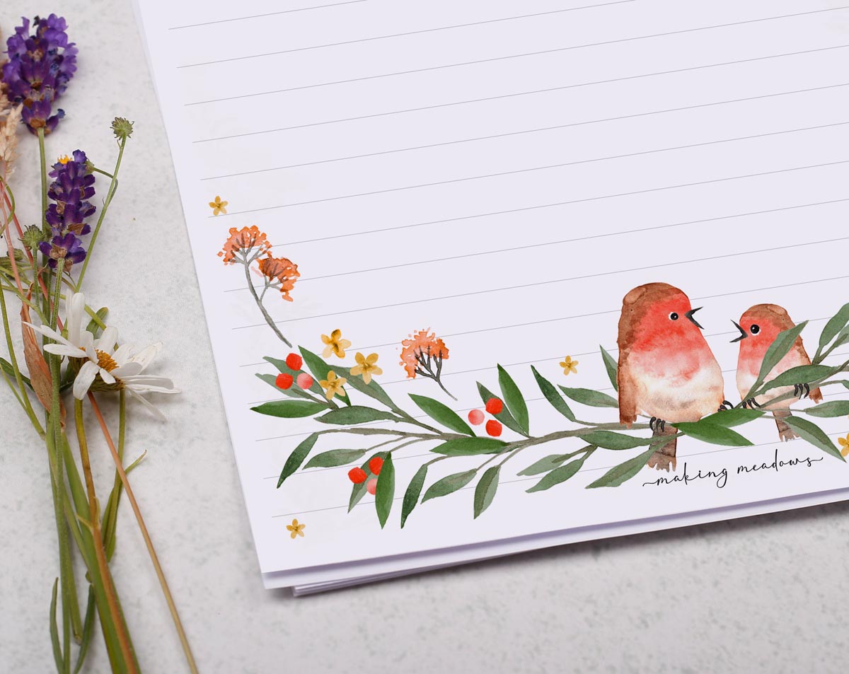 A4 writing paper with Christmas robins. Stationery designed by Making Meadows