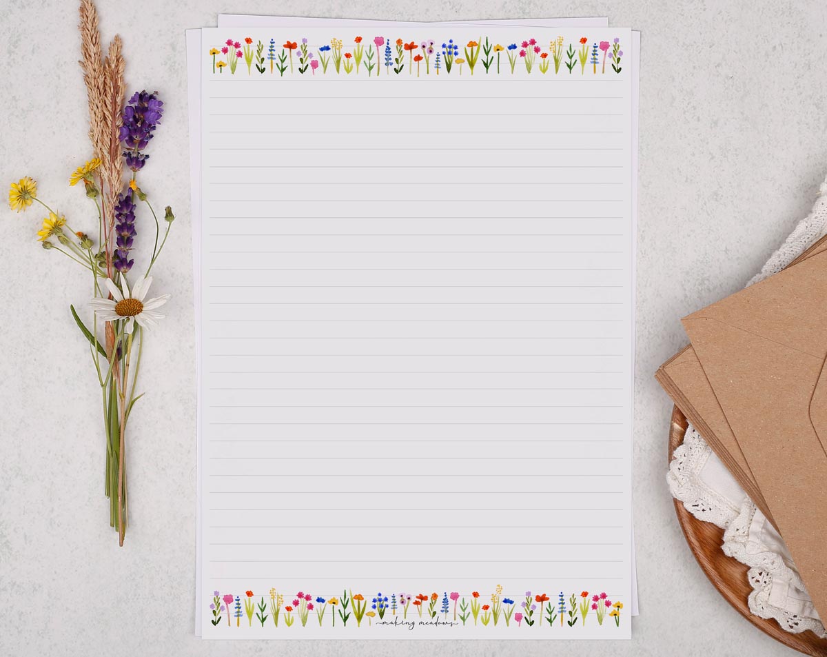 A4 writing paper with Ditsy Floral Border. Stationery designed by Making Meadows