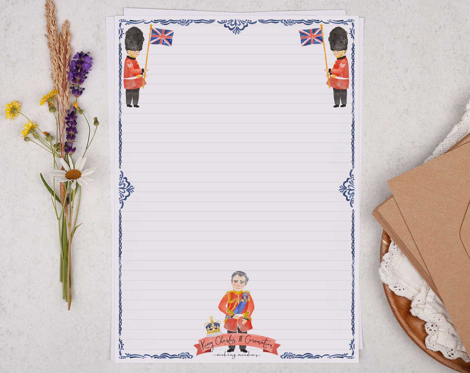 A4 writing paper with King Charles III Coronation. Stationery designed by Making Meadows