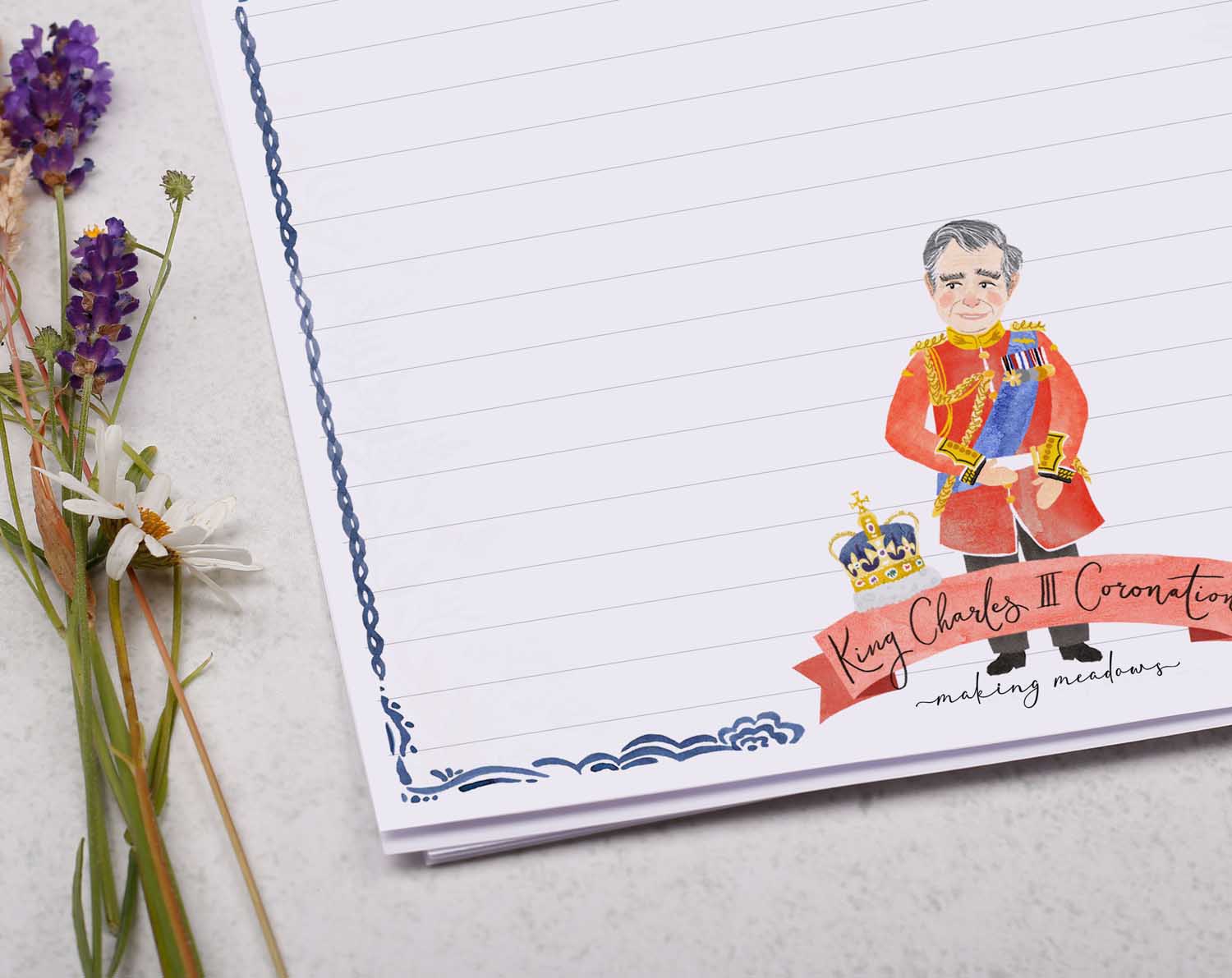 A4 writing paper with King Charles III Coronation. Stationery designed by Making Meadows