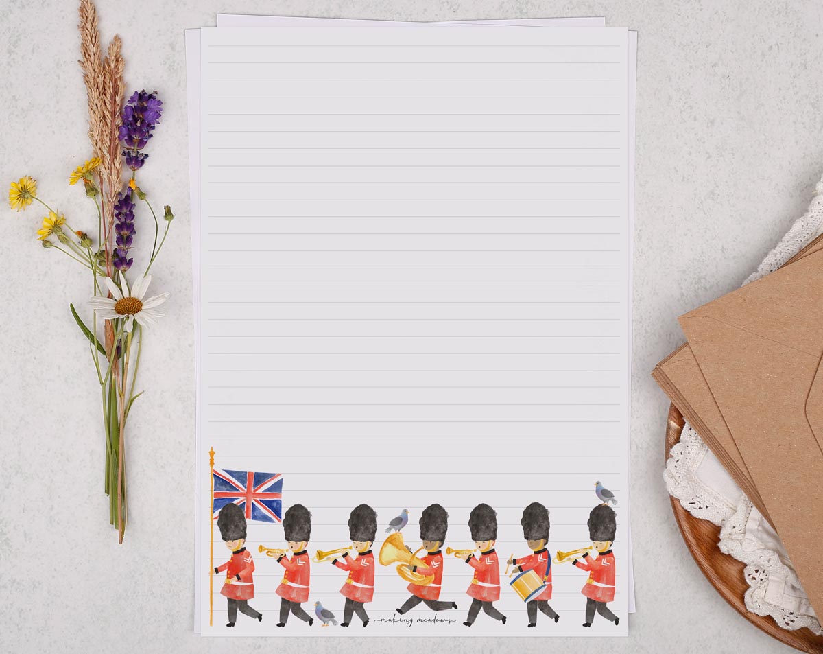 A4 writing paper with London Queens Guards. Stationery designed by Making Meadows