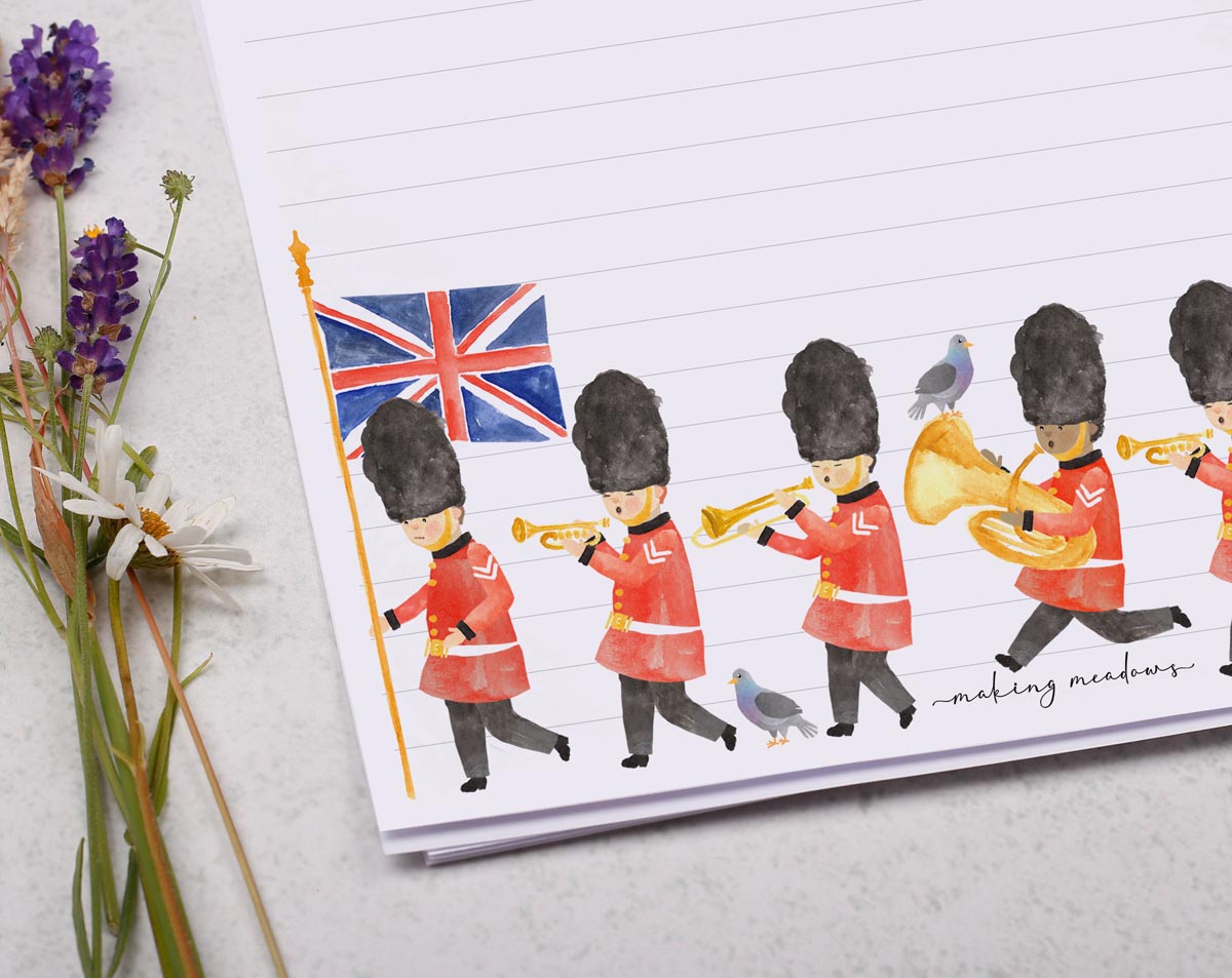 A4 writing paper with London Queens Guards. Stationery designed by Making Meadows