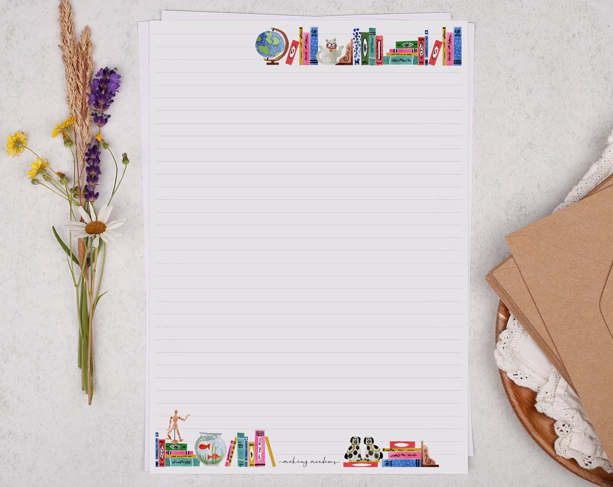 A4 writing paper with a book and trinket border. Stationery designed by Making Meadows