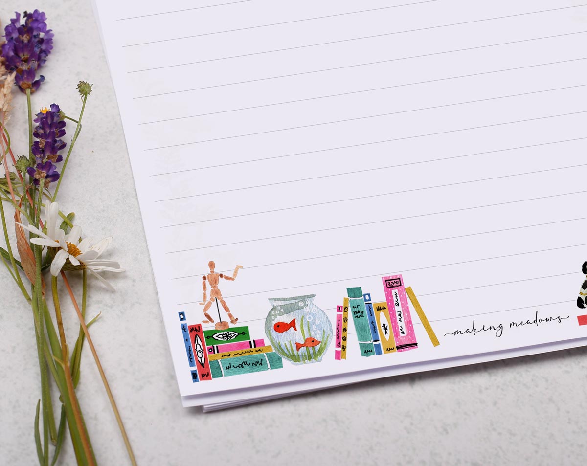 A4 writing paper with a book and trinket border. Stationery designed by Making Meadows