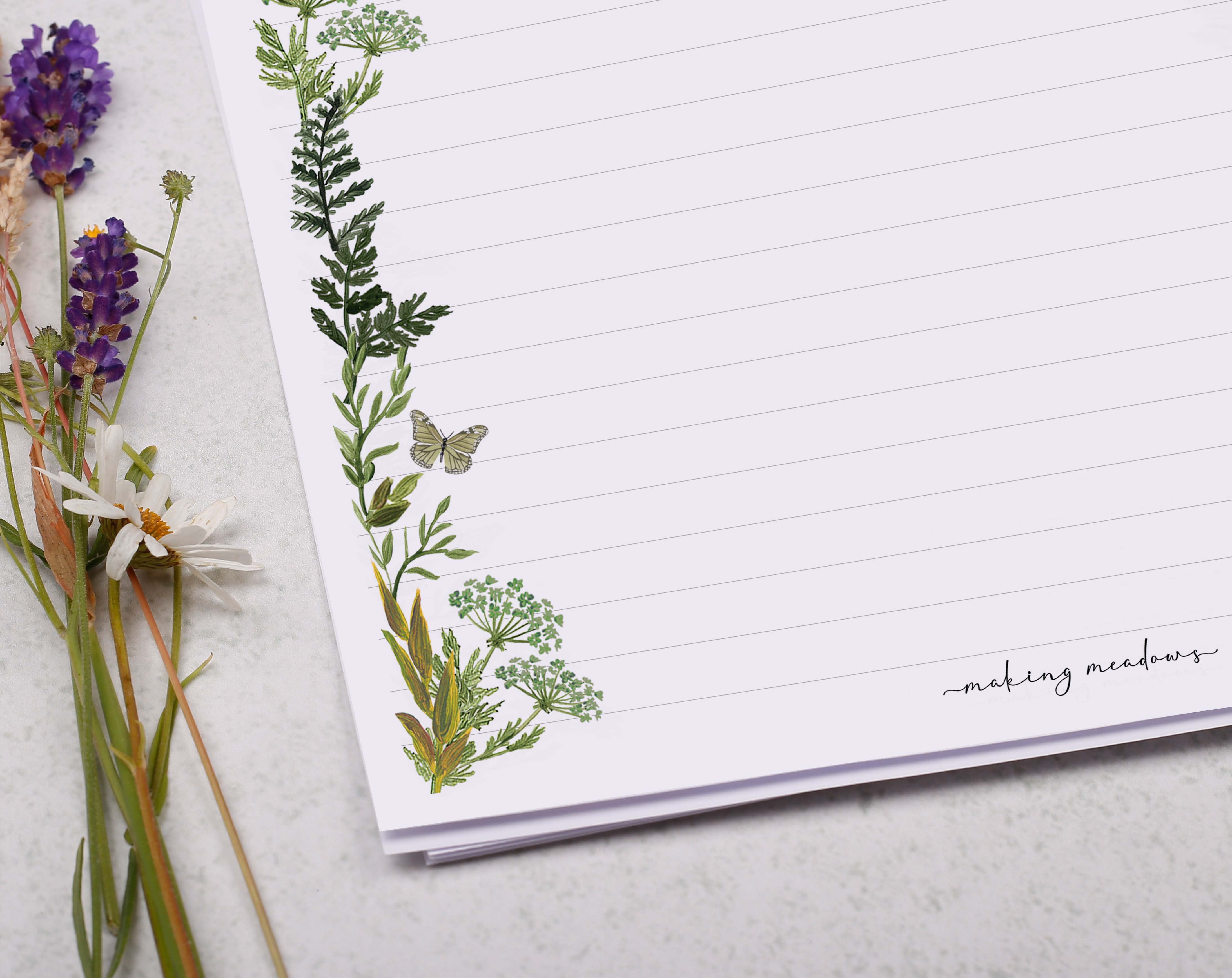 A4 writing paper with a botanical & butterfly border. Stationery designed by Making Meadows