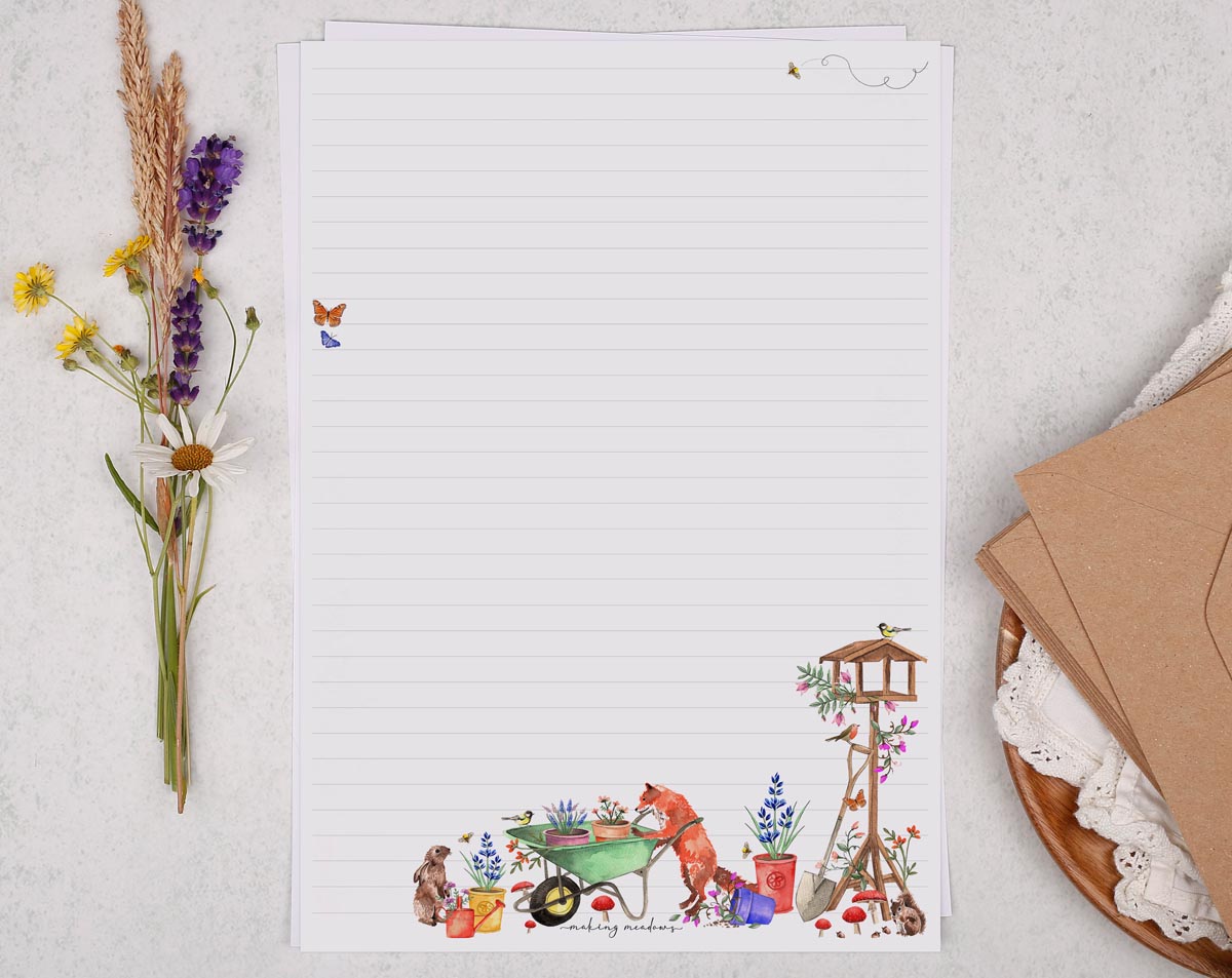 A4 writing paper with a cheeky garden fox. Stationery designed by Making Meadows