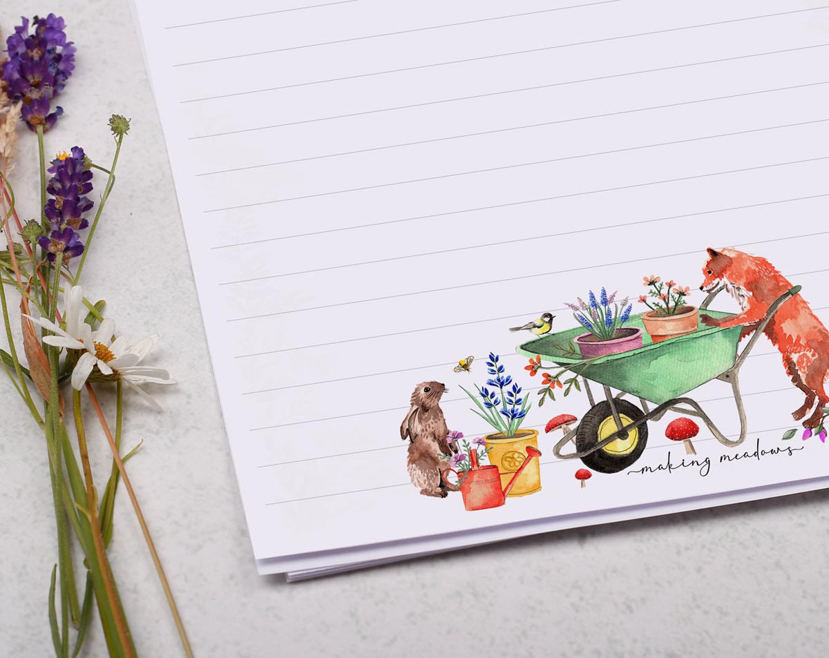 A4 writing paper with a cheeky garden fox. Stationery designed by Making Meadows