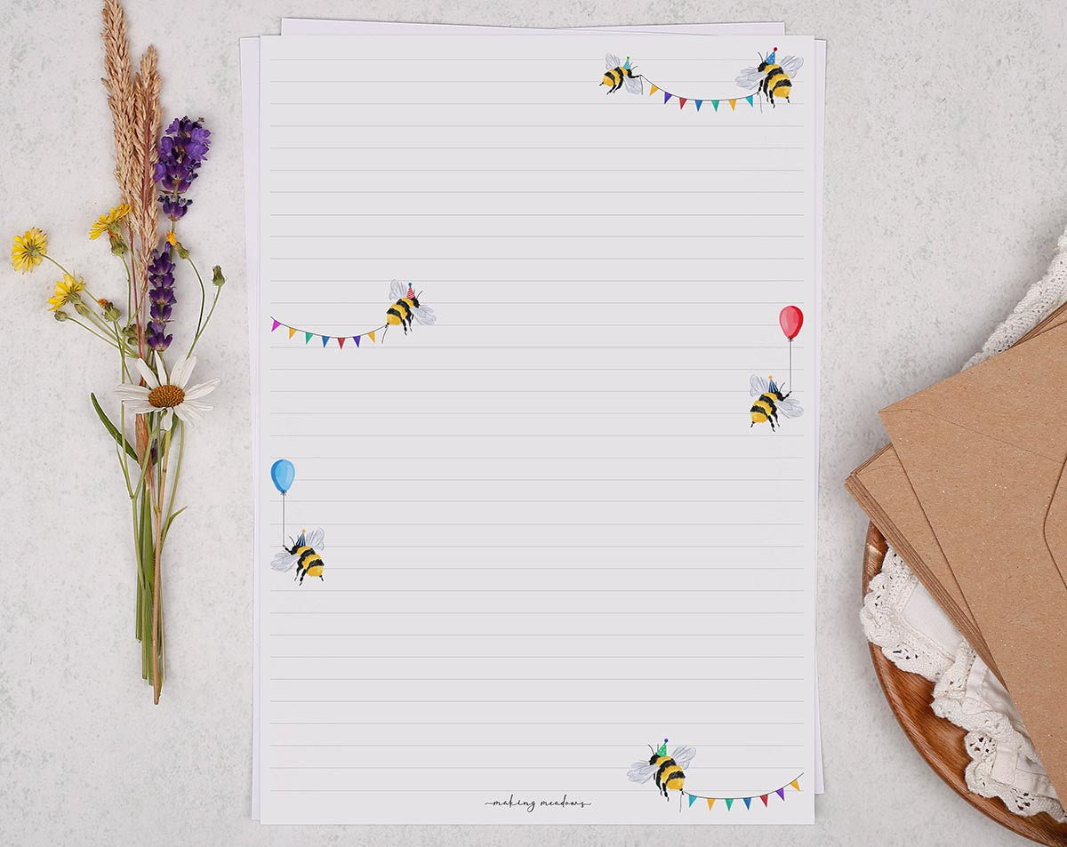 A4 writing paper with a cute bee party pattern. Stationery designed by Making Meadows