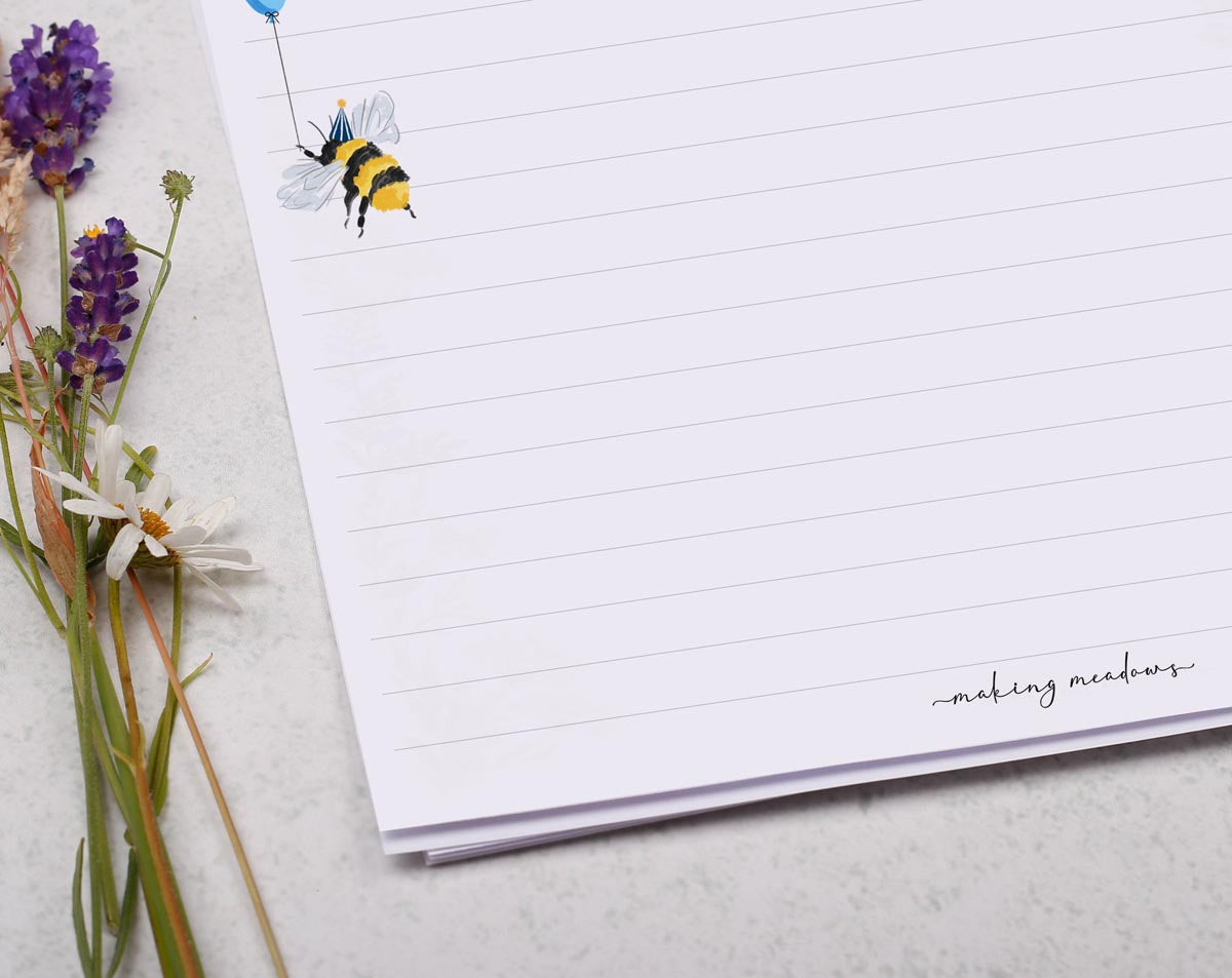 A4 writing paper with a cute bee party pattern. Stationery designed by Making Meadows