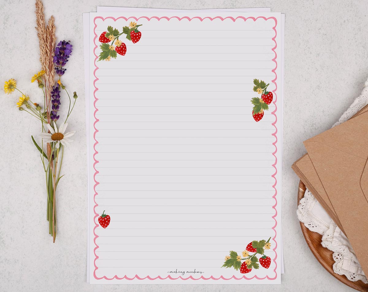 A4 writing paper with a french strawberry design. Stationery designed by Making Meadows