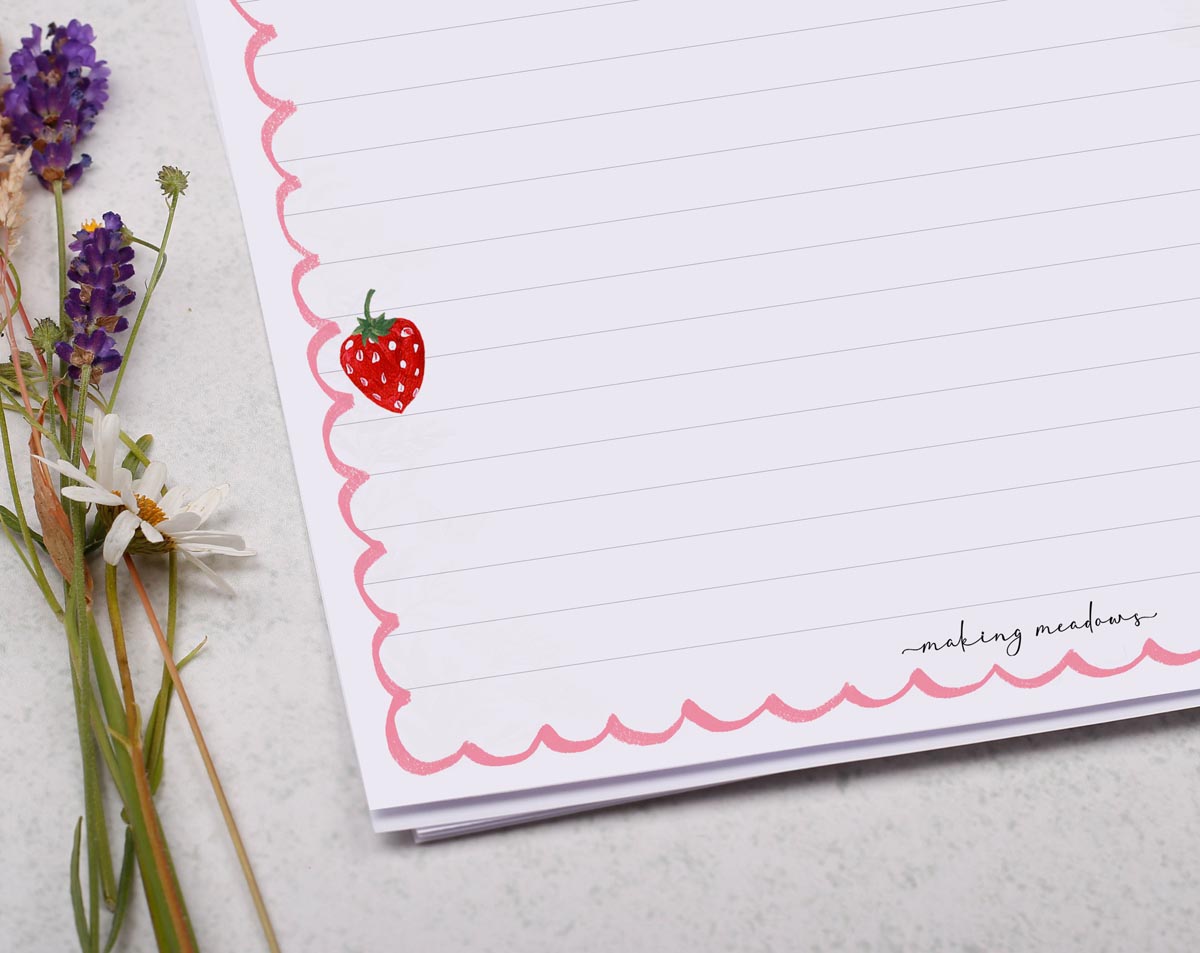 A4 writing paper with a french strawberry design. Stationery designed by Making Meadows