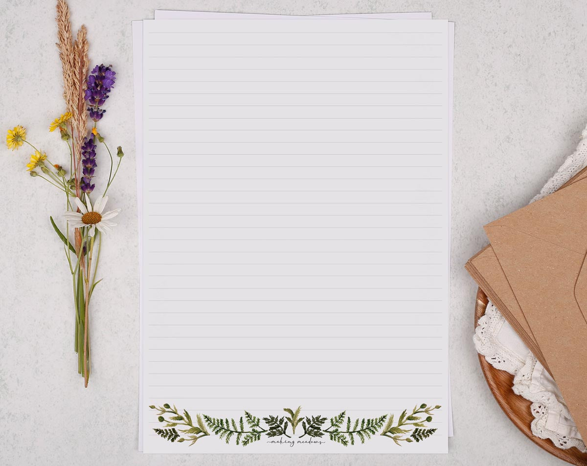 A4 writing paper with a leaf & botanical border. Stationery designed by Making Meadows