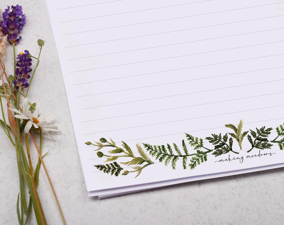 A4 writing paper with a leaf & botanical border. Stationery designed by Making Meadows