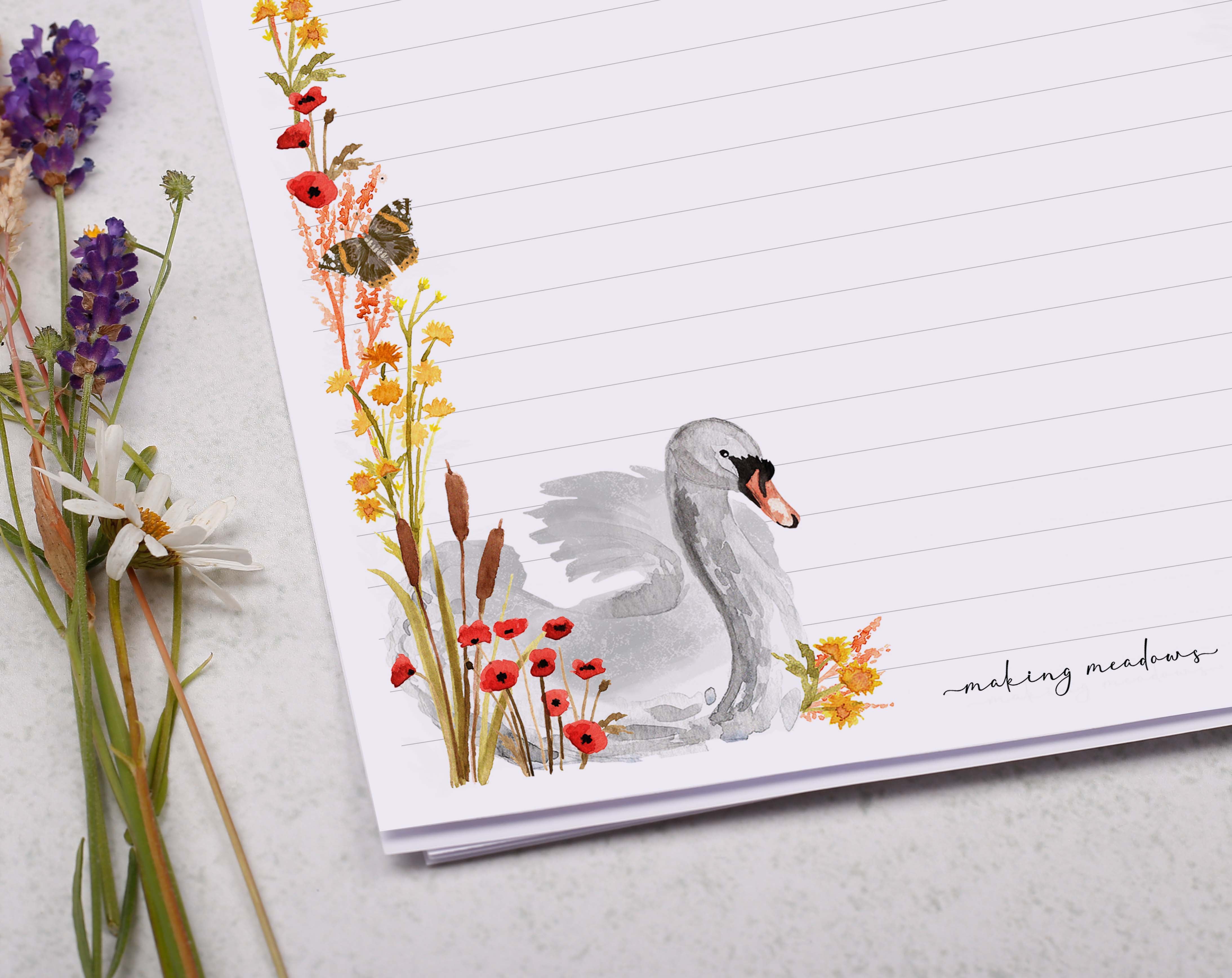A4 writing paper with a swan and flower border. Stationery designed by Making Meadows