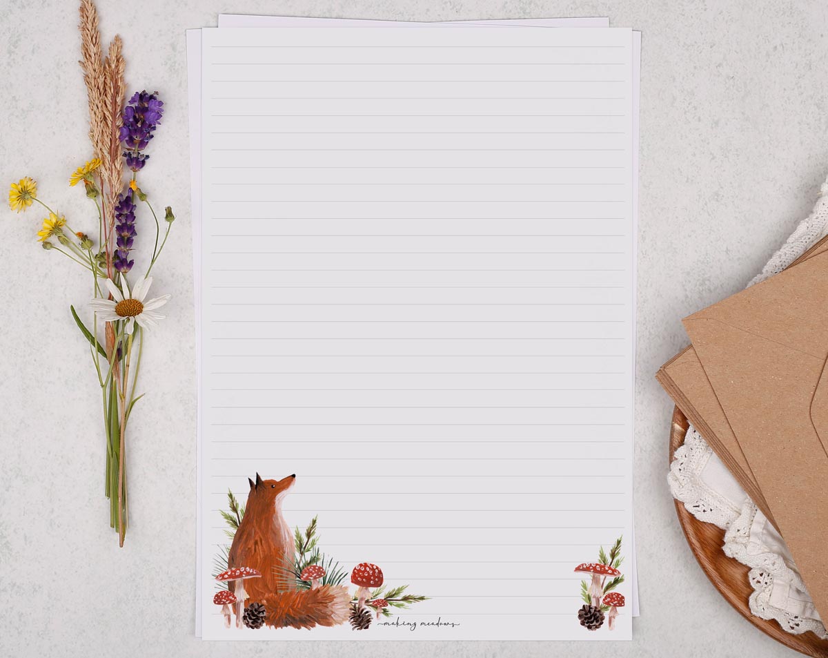 A4 writing paper with a woodland fox. Stationery designed by Making Meadows
