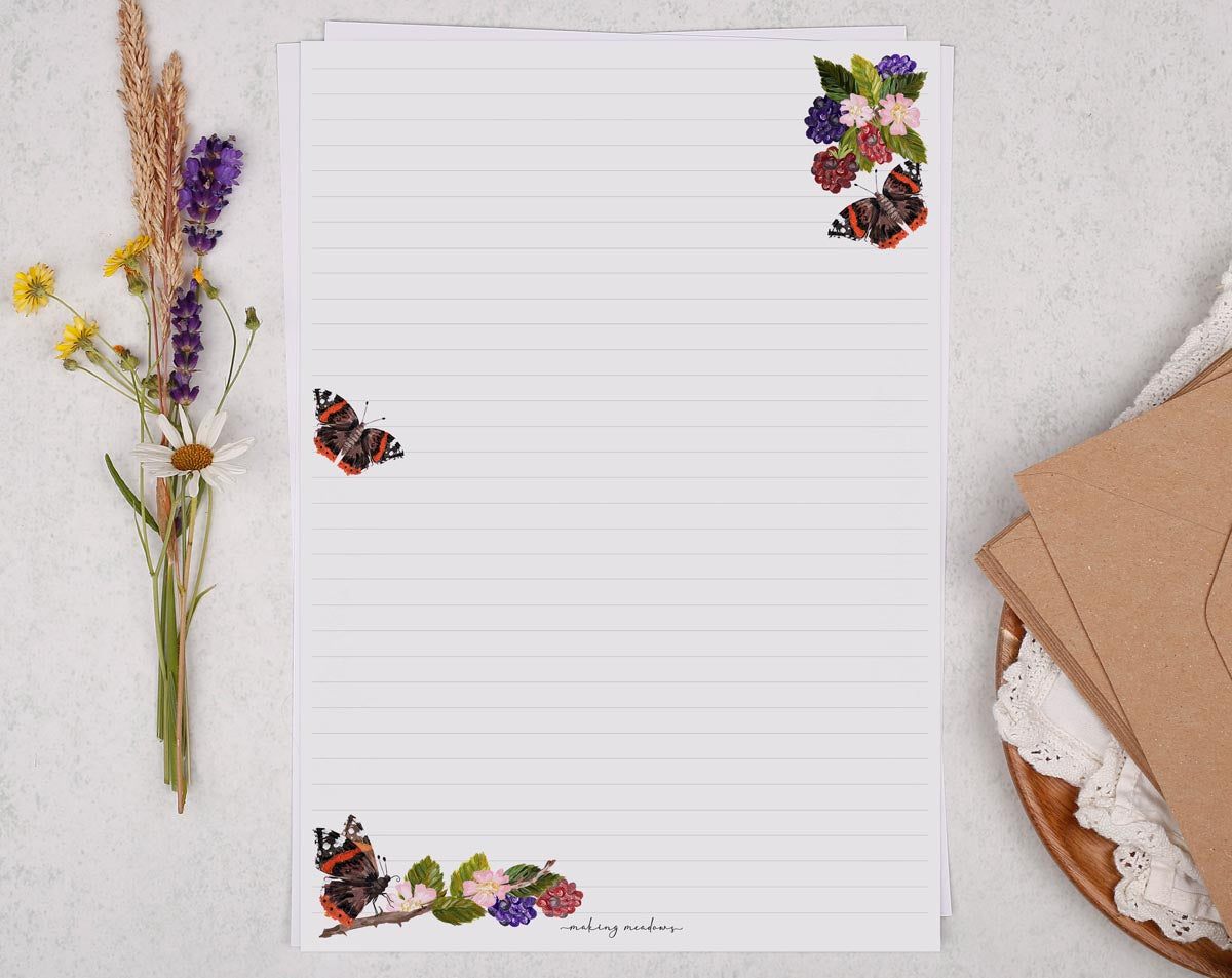 A4 writing paper with butterflies & blackberries. Stationery designed by Making Meadows
