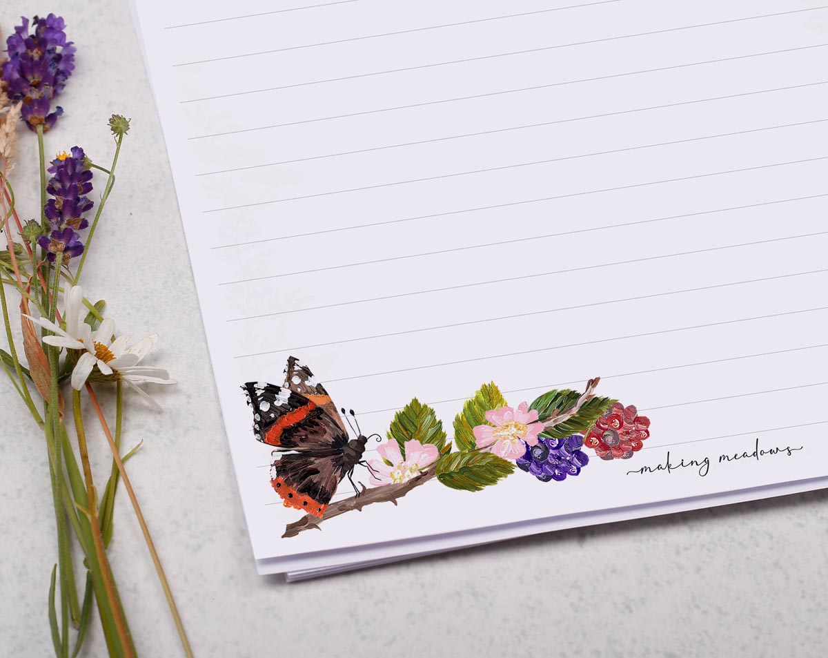 A4 writing paper with butterflies & blackberries. Stationery designed by Making Meadows