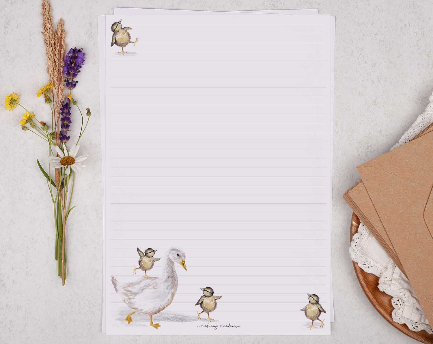 A4 writing paper with dancing bird chicks. Stationery designed by Making Meadows