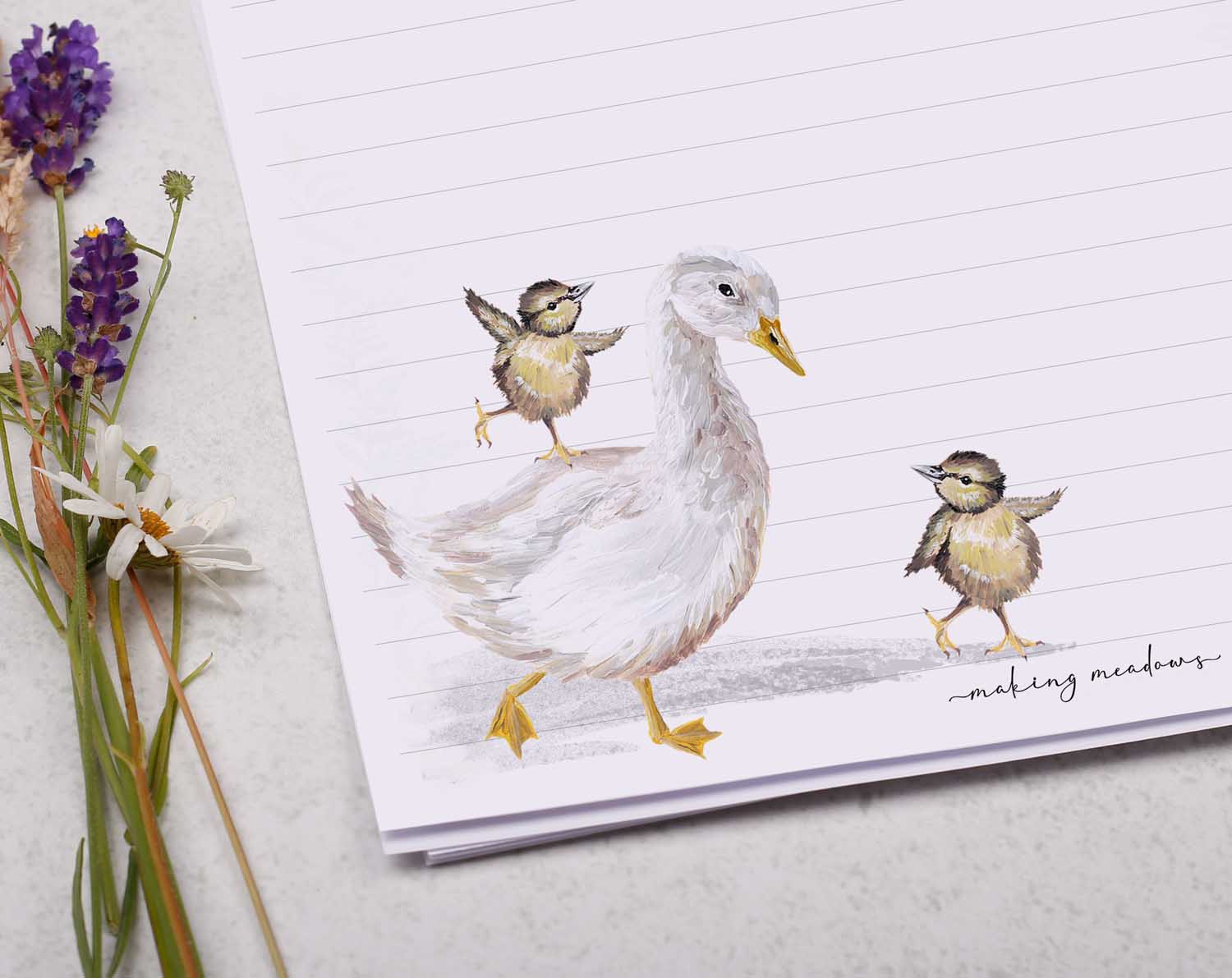 A4 writing paper with dancing bird chicks. Stationery designed by Making Meadows