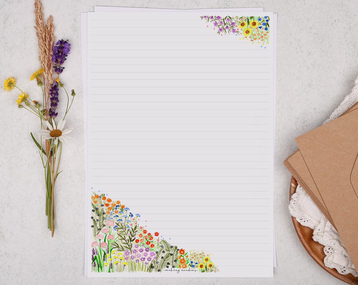 A4 writing paper with ditsy floral garden. Stationery designed by Making Meadows